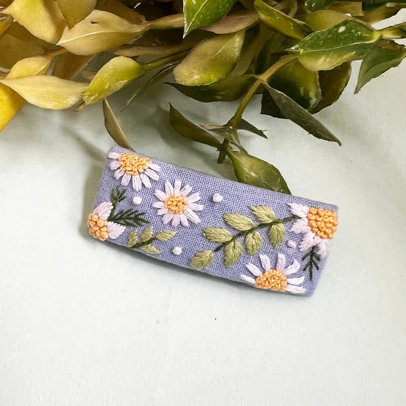 Cotton Linen Barrette Hair Clip for Women | Daisy Love | Embroidered | Blue