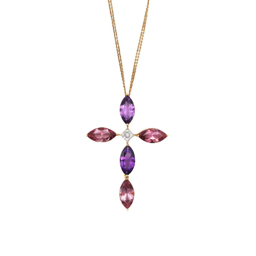 CROSS AND CHAIN - AMETHYST AND RHODOLITE - GOLD