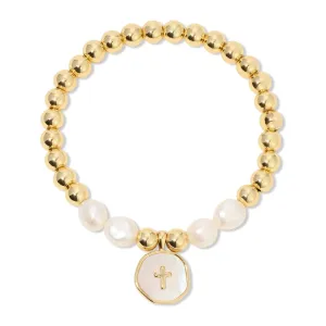 Cross   Pearls Stretch Charm Bracelet