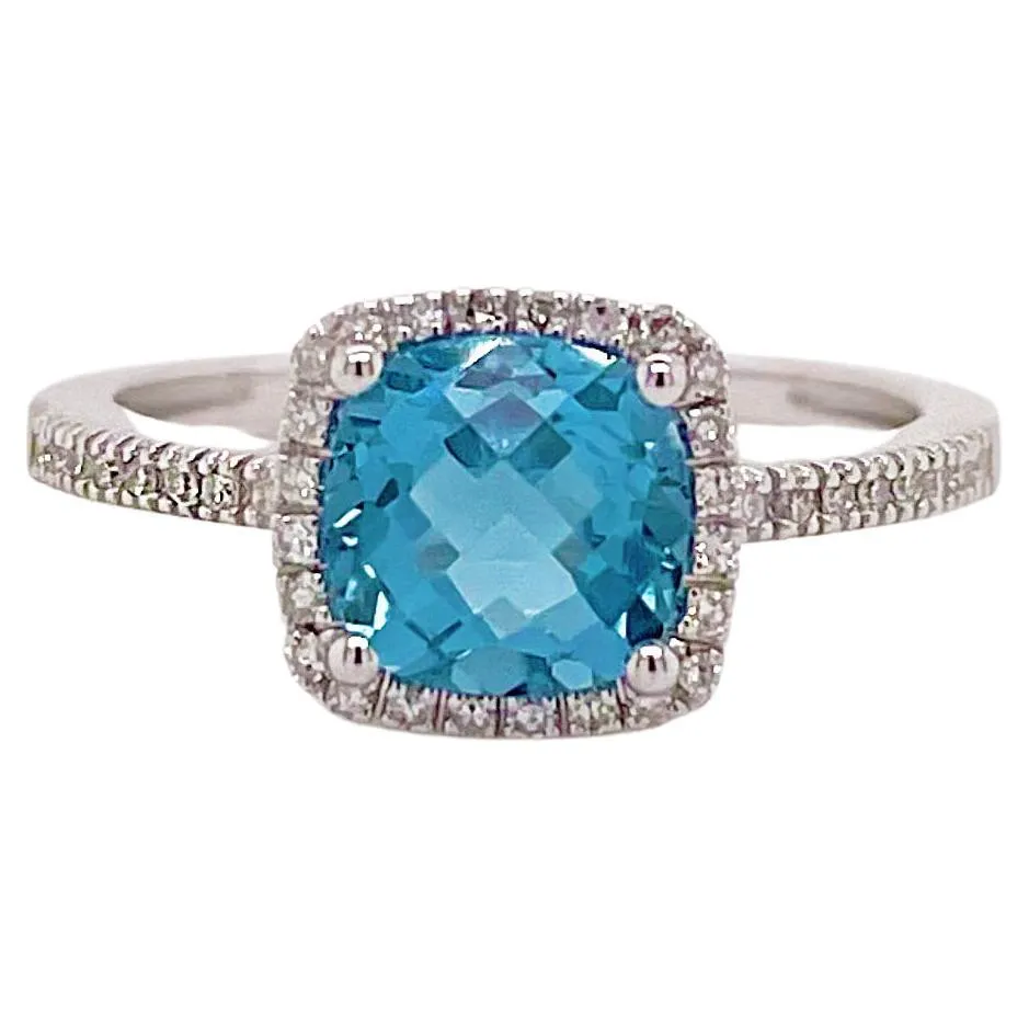 Cushion Blue Topaz & Diamond Halo Ring