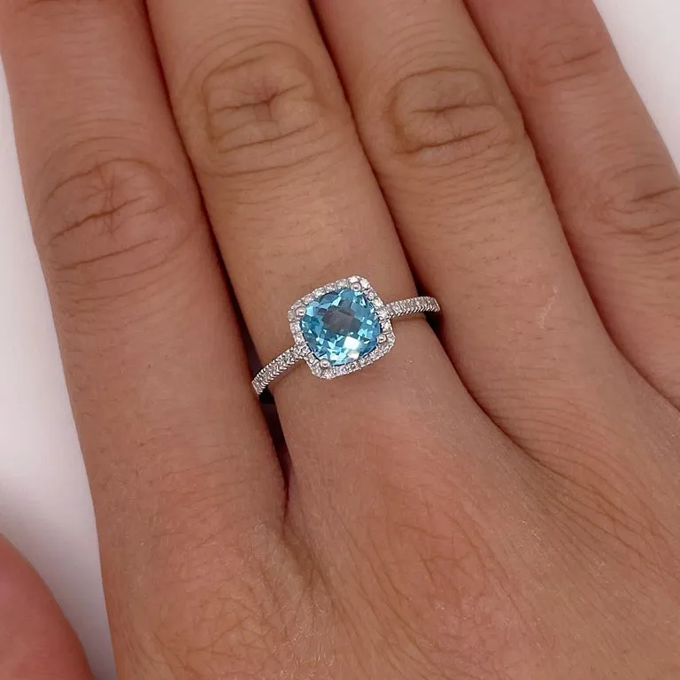 Cushion Blue Topaz & Diamond Halo Ring