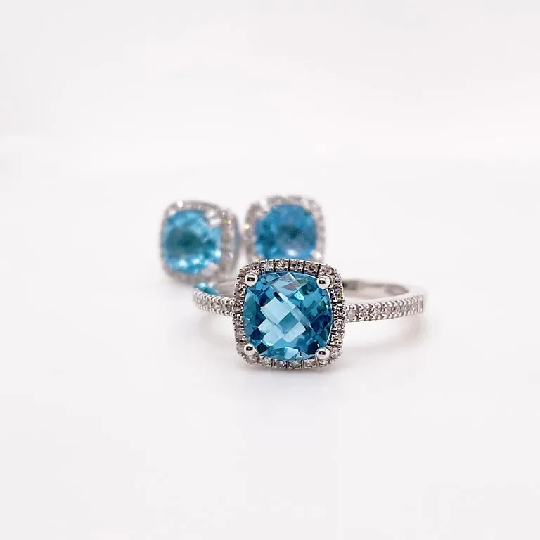 Cushion Blue Topaz & Diamond Halo Ring