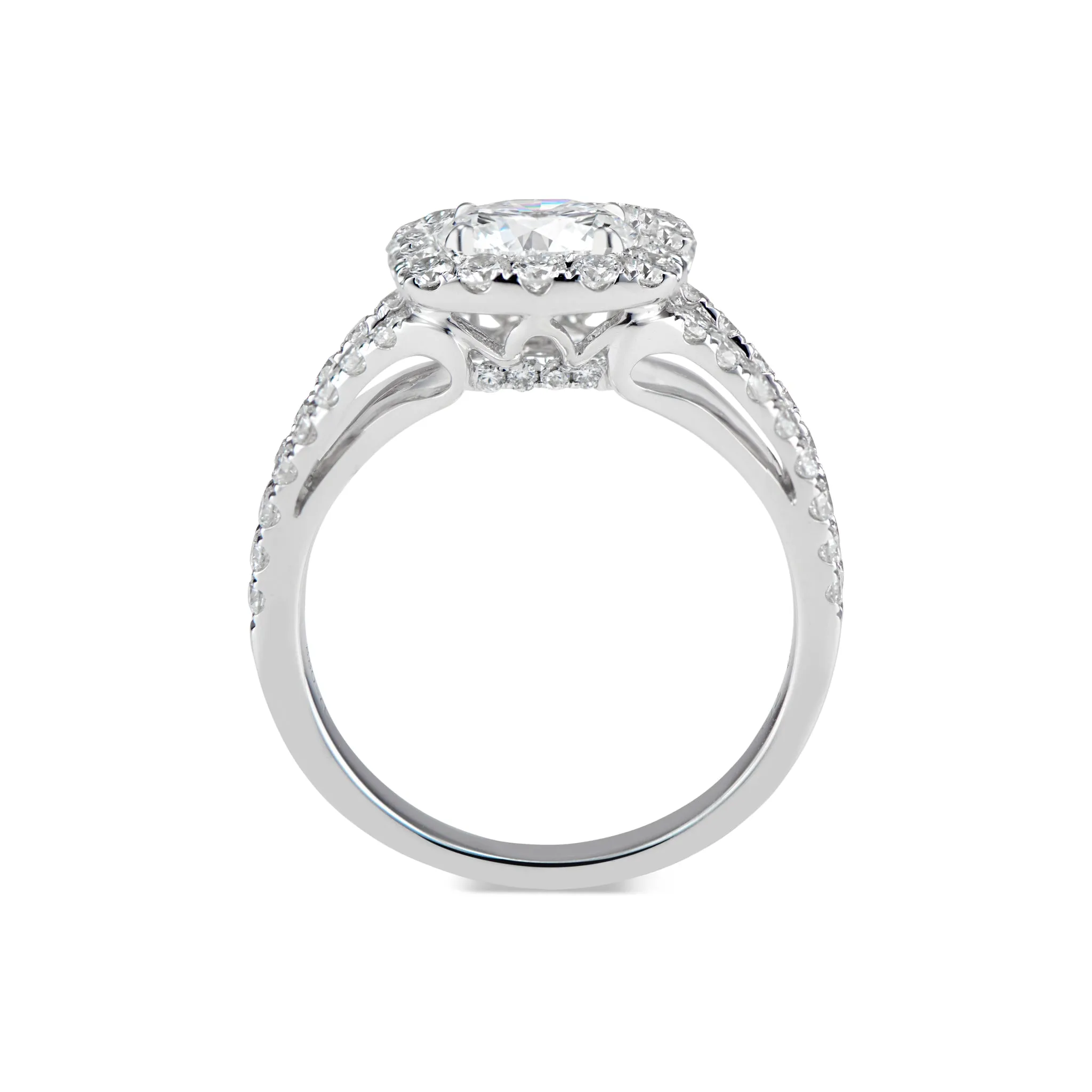 Cushion Halo Diamond Engagement Ring with Split Shank & Diamond Bridge