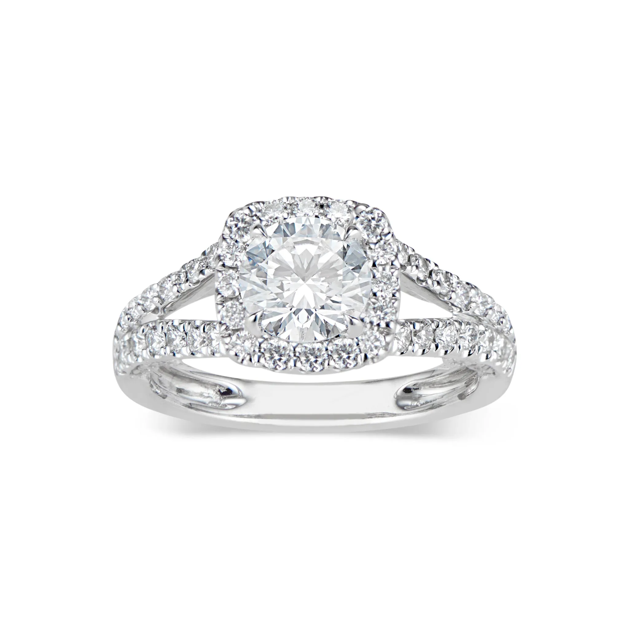 Cushion Halo Diamond Engagement Ring with Split Shank & Diamond Bridge