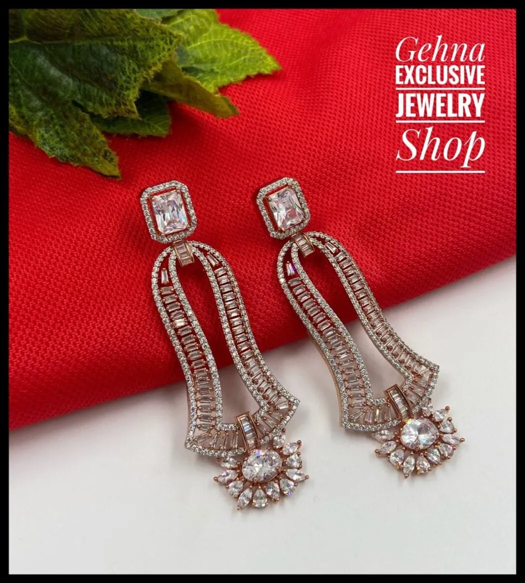 Designer Cubic Zircon Rose Gold Wedding Danglers Earrings For Ladies