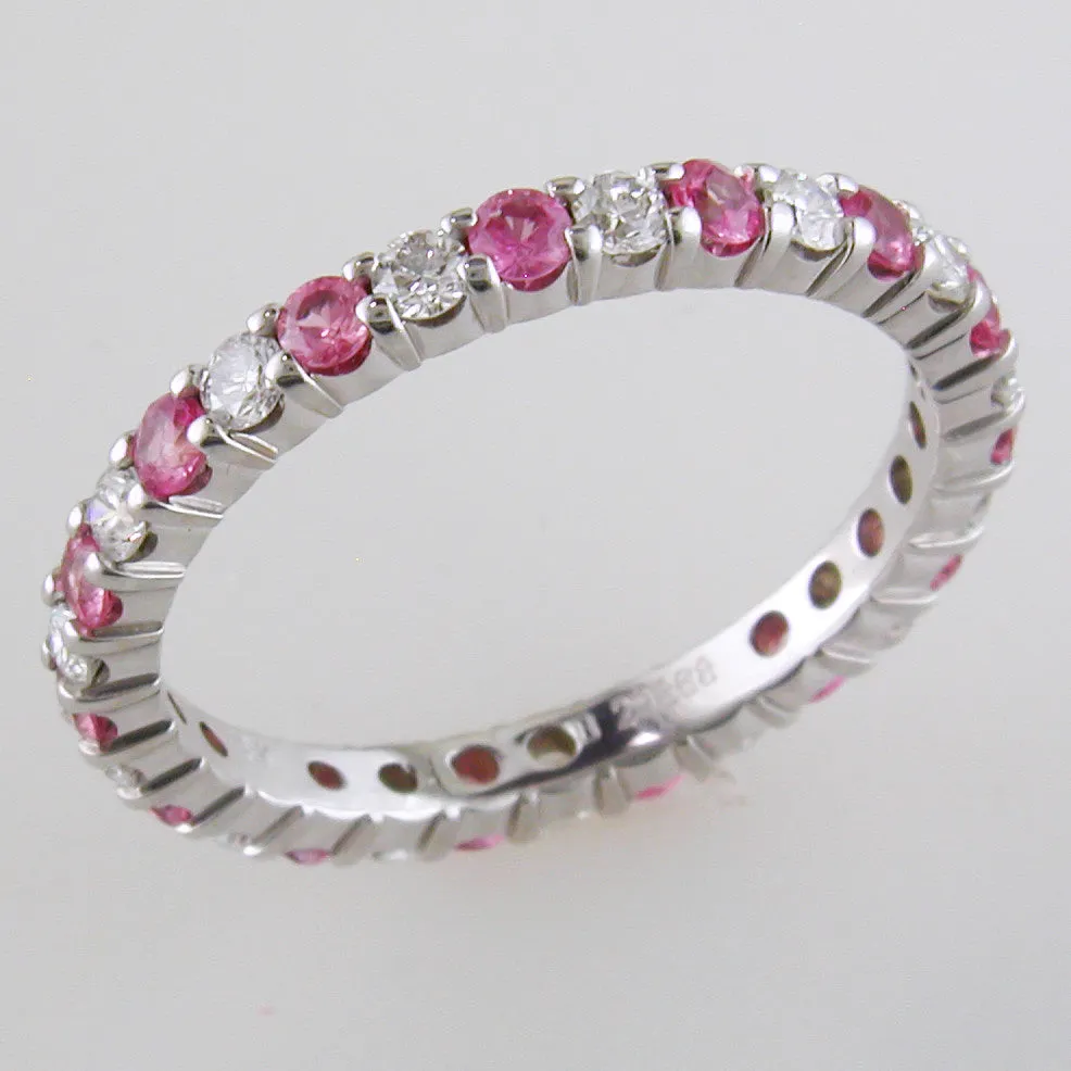 Diamond & Pink Sapphire Eternity Wedding Band Anniversary Ring 18K White Gold