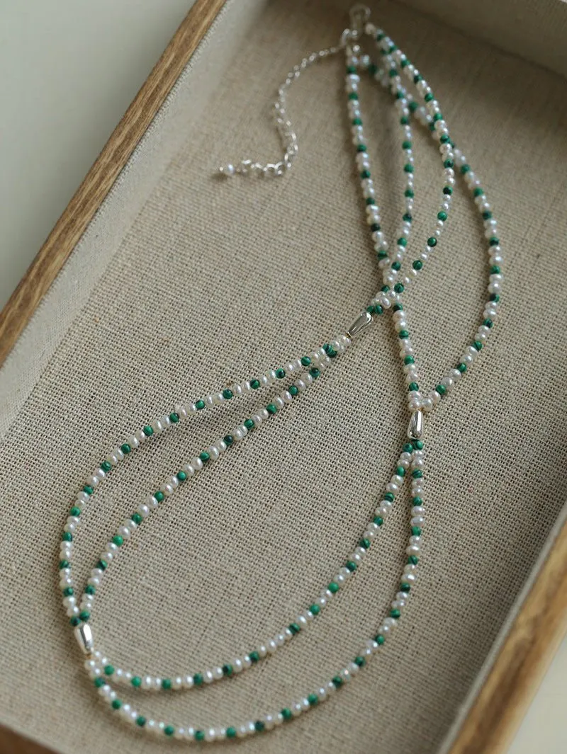 Double-Layer Necklace with Millet Pearls and Gemstone Beads