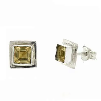 Double Square Citrine Sterling Silver Stud Earrings