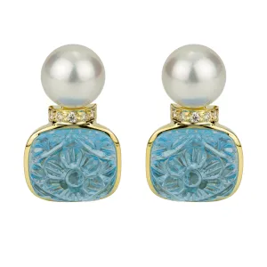 Earrings - Blue Topaz , South Sea Pearl And Diamond