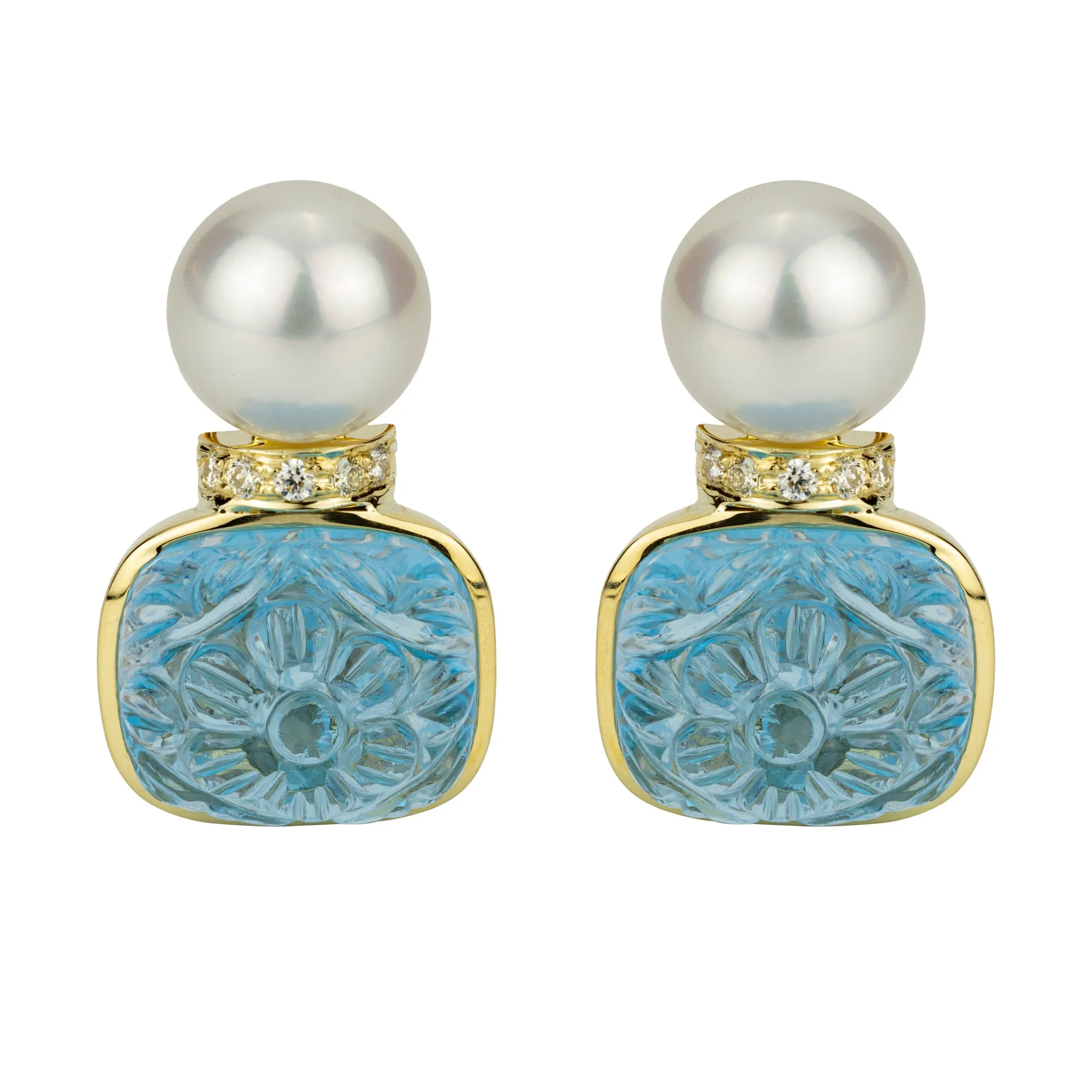 Earrings - Blue Topaz , South Sea Pearl And Diamond