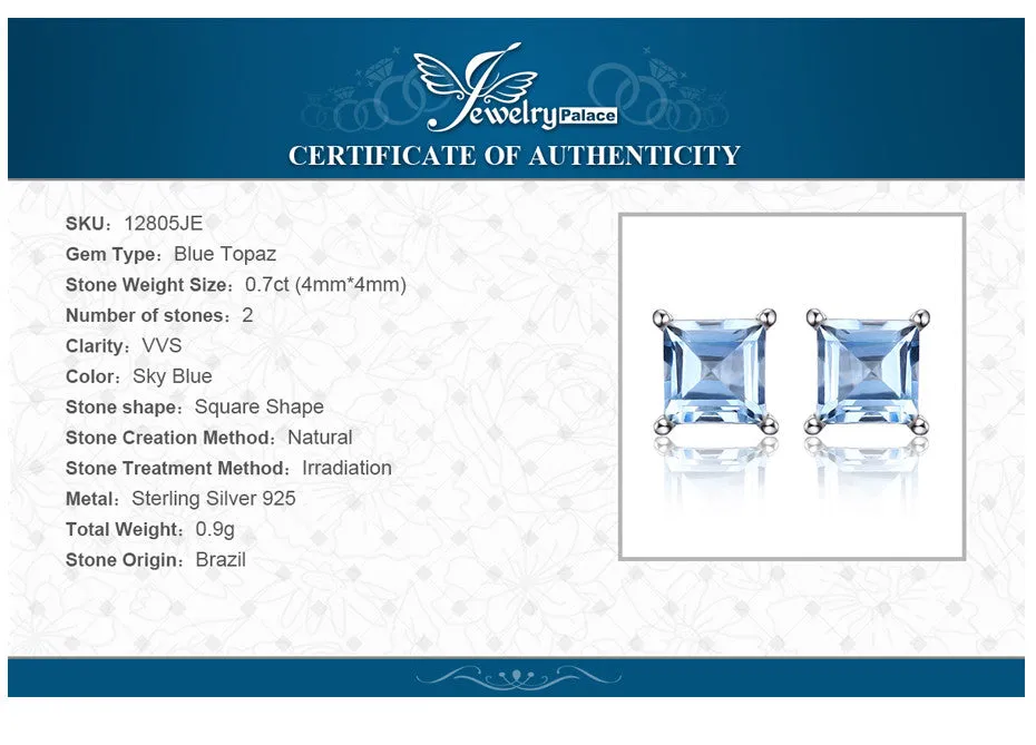 Earrings JewelryPalace Square Cut 0.7ct Natural Sky Blue Topaz Solid 925 Sterling Silve