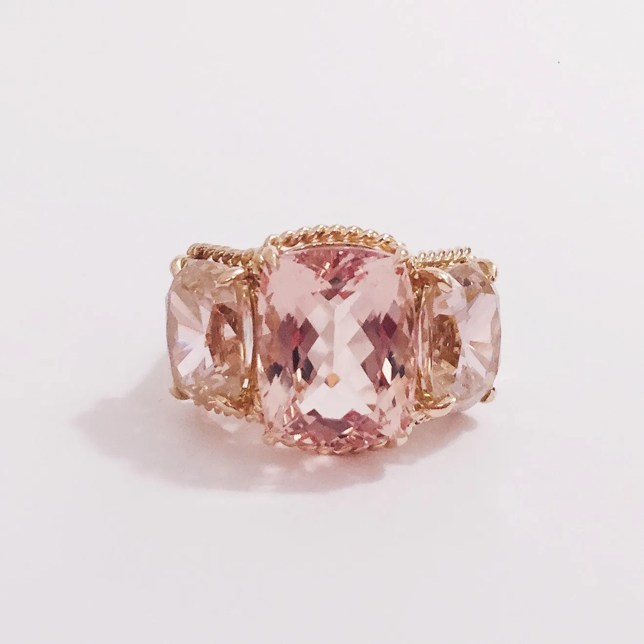 Elegant Three Stone Morganite and Pink Topaz Ring with Gold Rope Twist Border