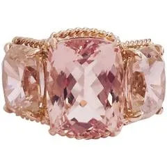 Elegant Three Stone Morganite and Pink Topaz Ring with Gold Rope Twist Border