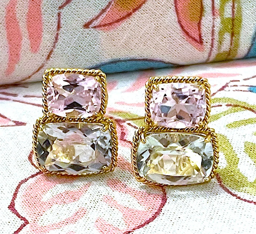 Elegant Three Stone Morganite and Pink Topaz Ring with Gold Rope Twist Border