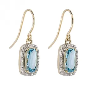 Elongated Sky Blue Topaz Diamond Surround Yellow Gold Drop Earrings GE2416T