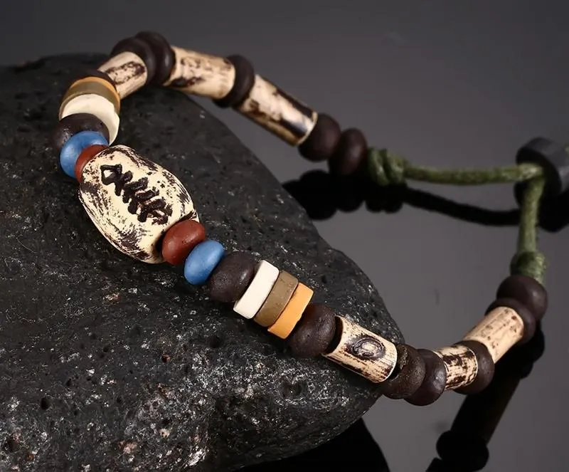 Fish Bone &amp Porcelain Beads Braided Leather Bracelet