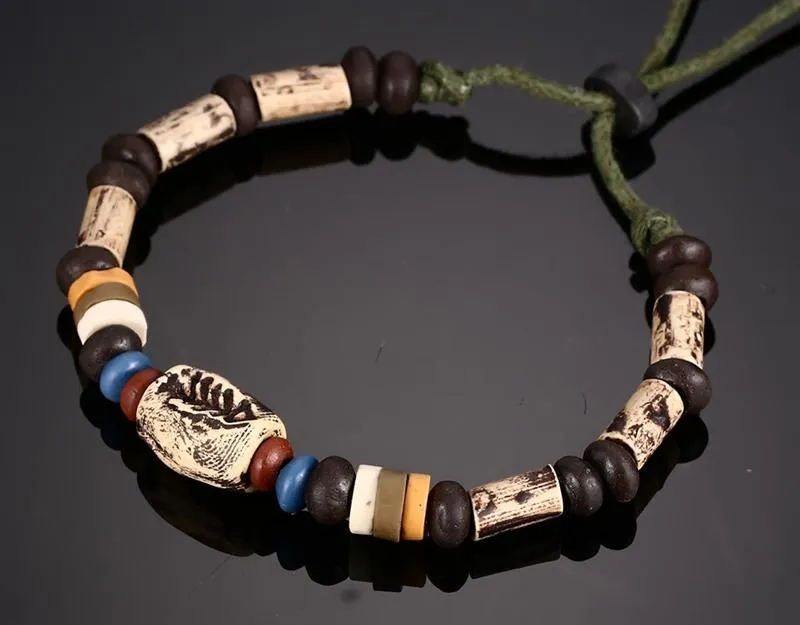 Fish Bone &amp Porcelain Beads Braided Leather Bracelet