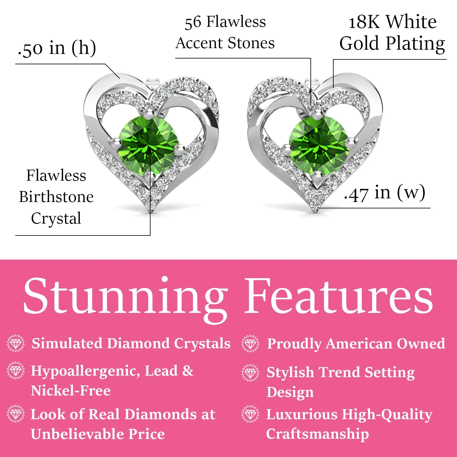 Forever August Birthstone Peridot Earrings, 18k White Gold Plated Silver Double Heart Crystal Earrings