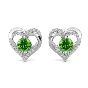 Forever August Birthstone Peridot Earrings, 18k White Gold Plated Silver Double Heart Crystal Earrings