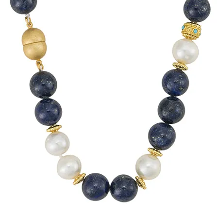 Freshwater Pearl and Blue Lapis Necklace