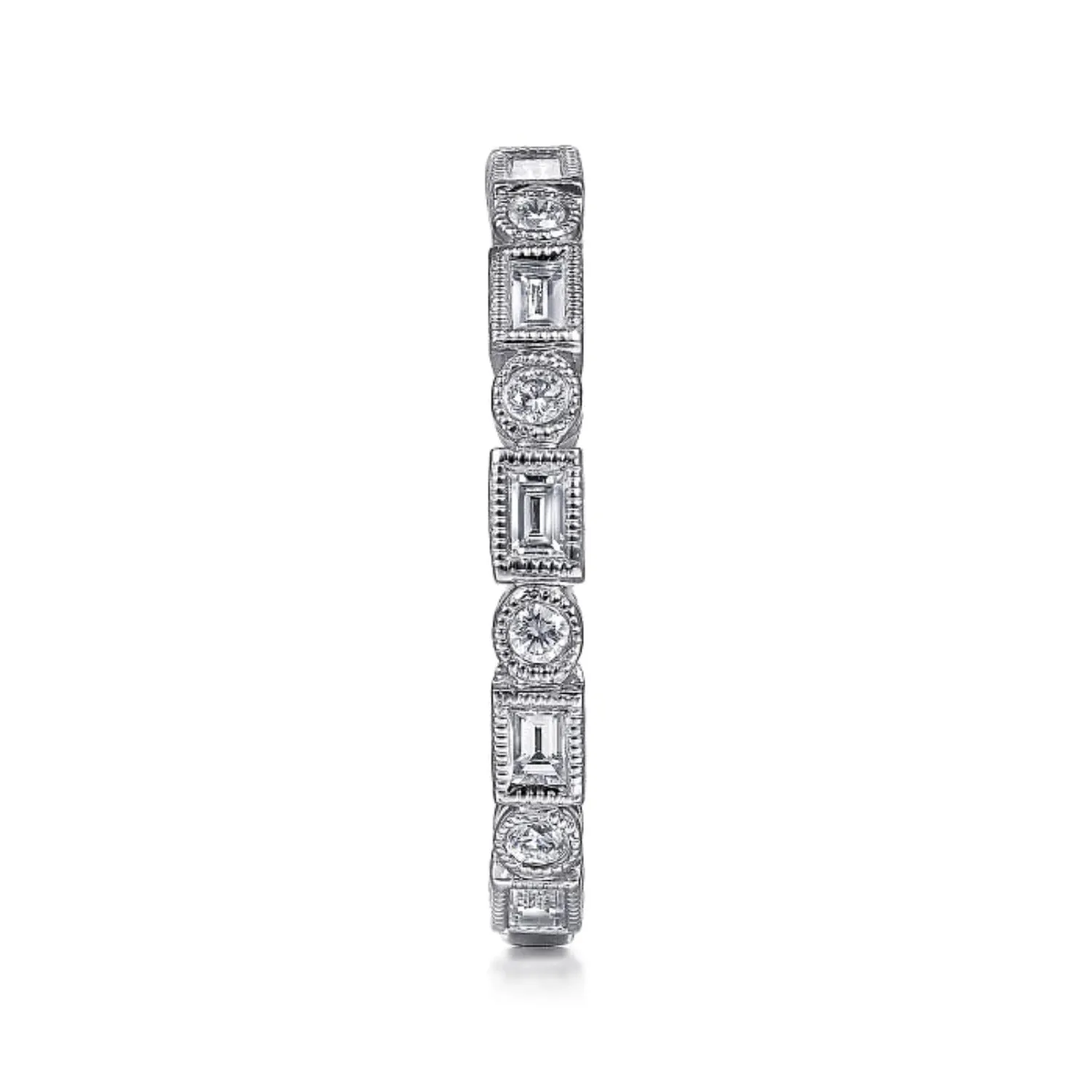 Gabriel & Co. Baguette & Round Cut Diamond Stackable Ring with Milgrain Finish