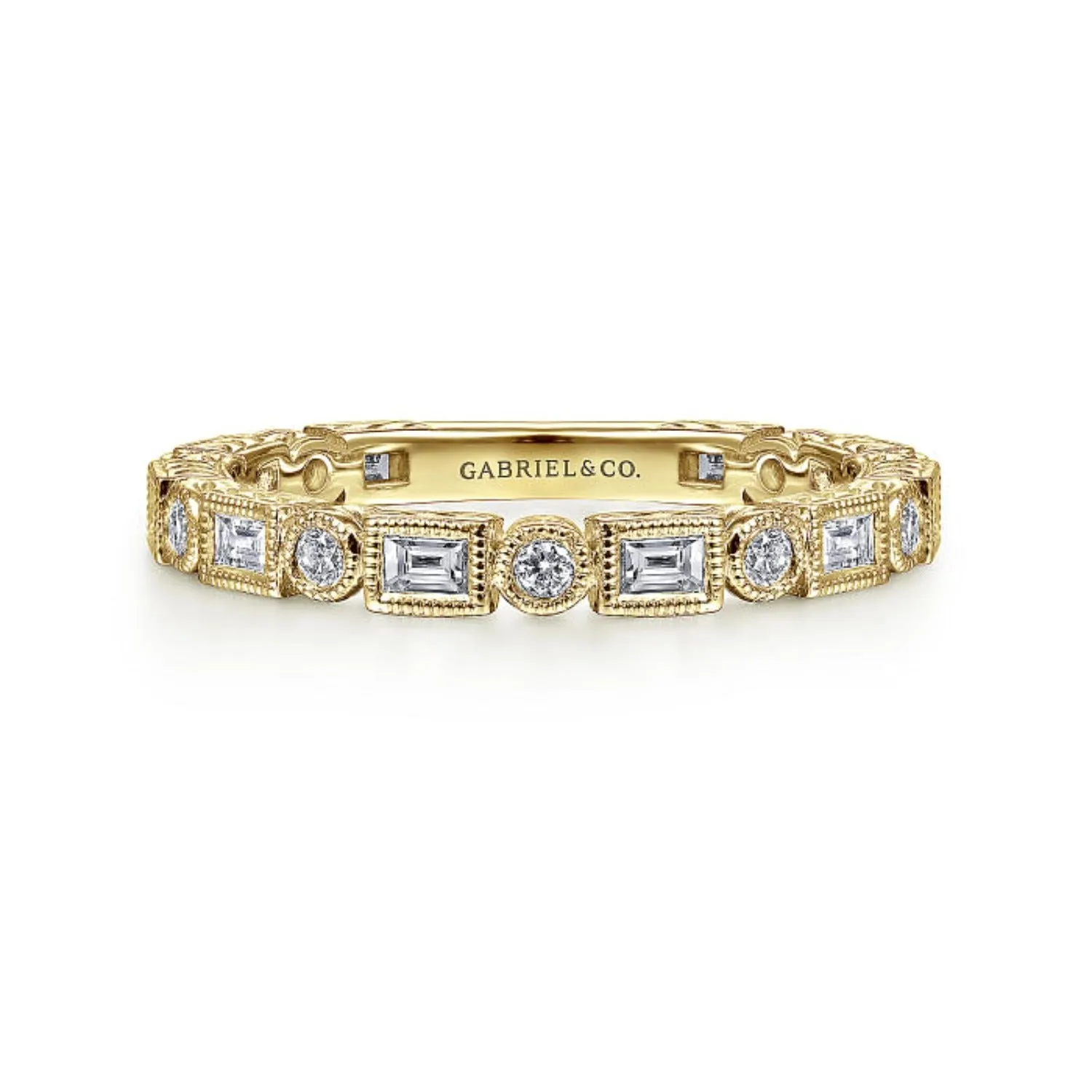 Gabriel & Co. Baguette & Round Cut Diamond Stackable Ring with Milgrain Finish