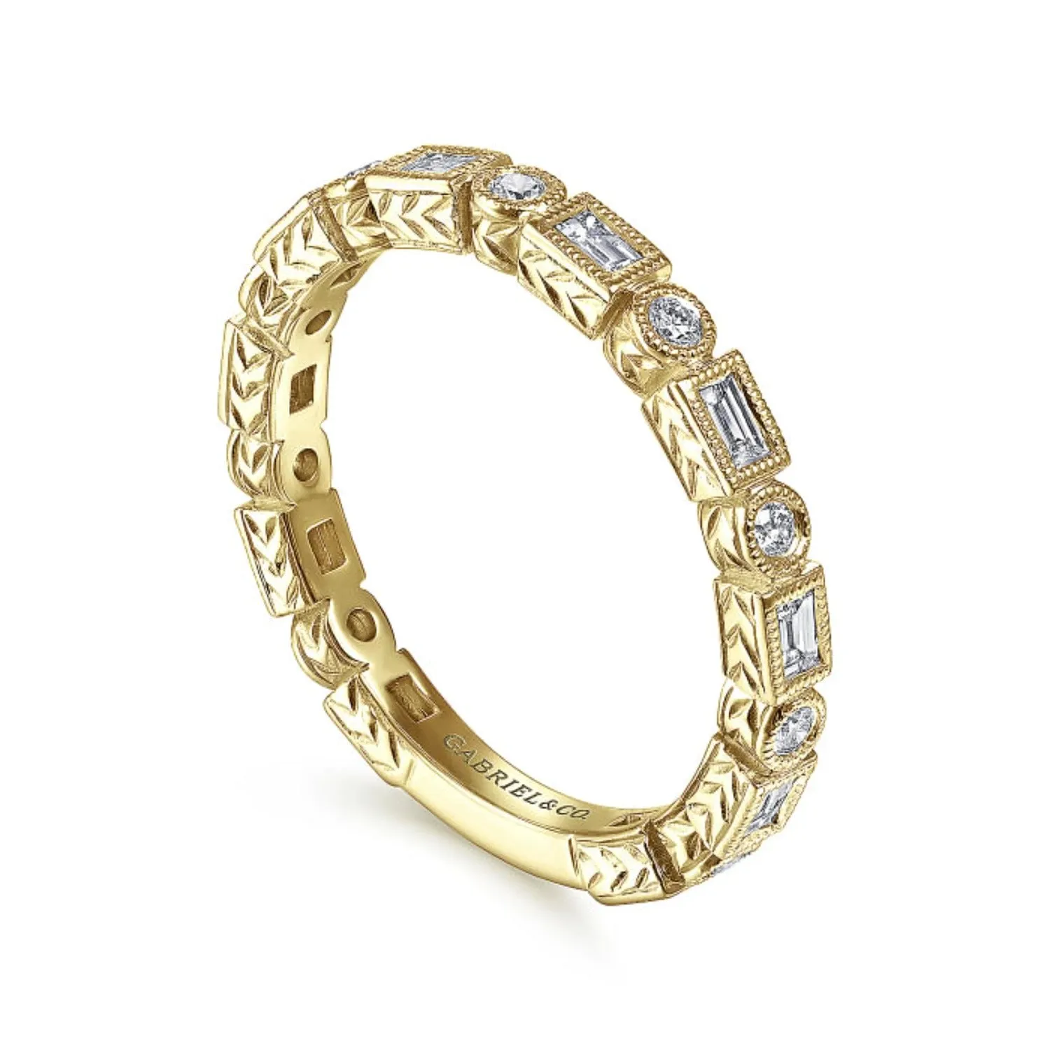 Gabriel & Co. Baguette & Round Cut Diamond Stackable Ring with Milgrain Finish