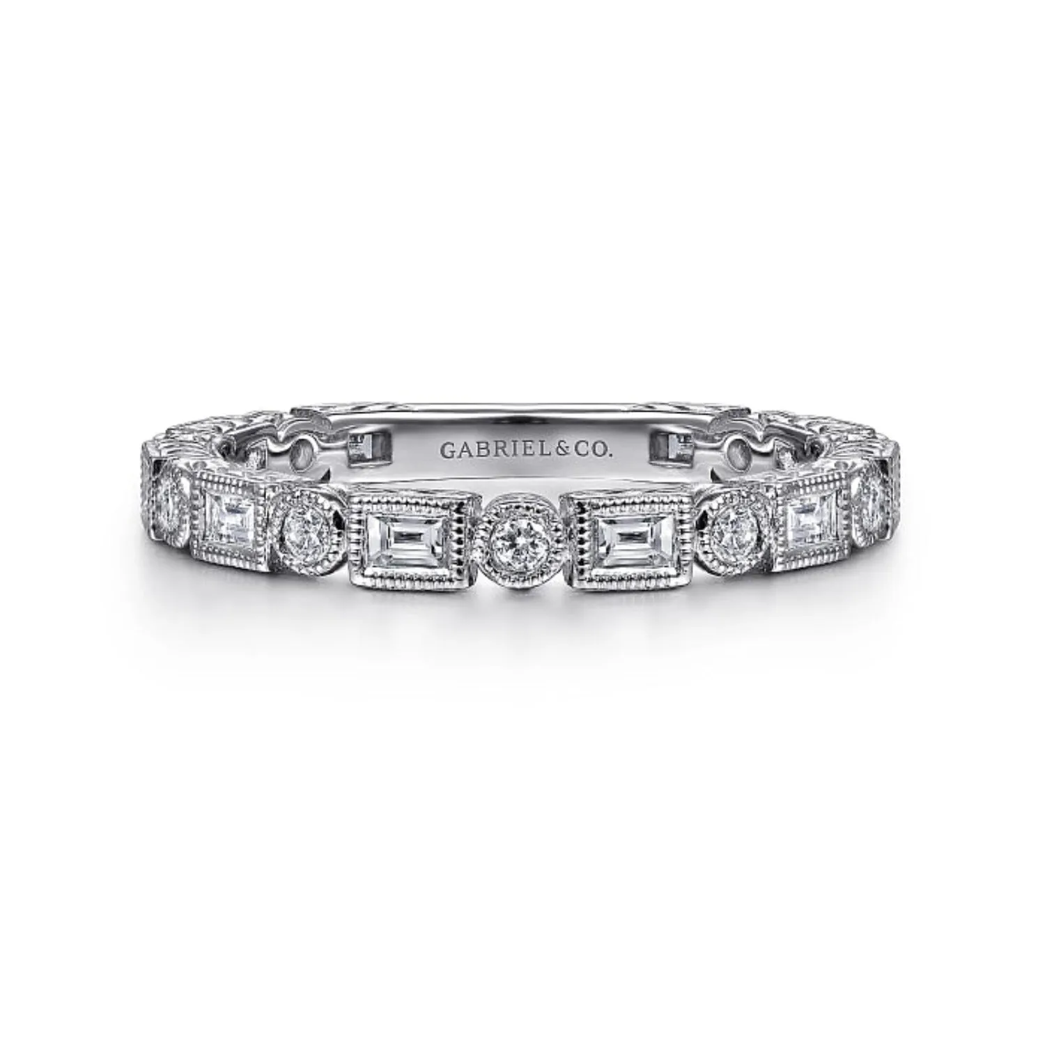 Gabriel & Co. Baguette & Round Cut Diamond Stackable Ring with Milgrain Finish