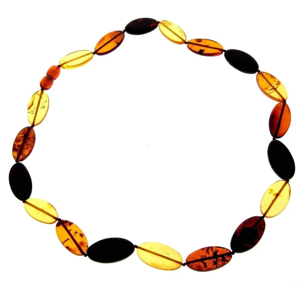 Genuine Mixed Baltic Amber Flat Oval Olive Beads Luxurious Necklace - NE0172