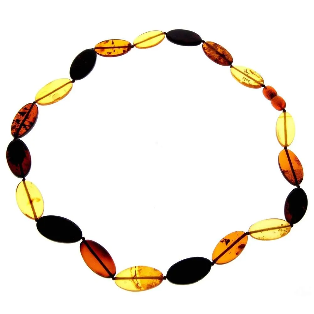 Genuine Mixed Baltic Amber Flat Oval Olive Beads Luxurious Necklace - NE0172