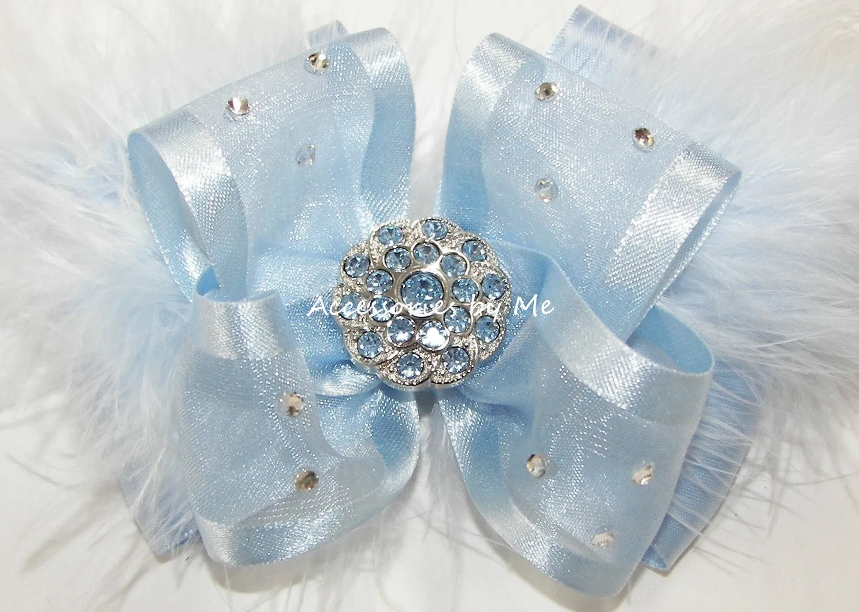 Glitzy Light Blue Organza Marabou Hair Bow