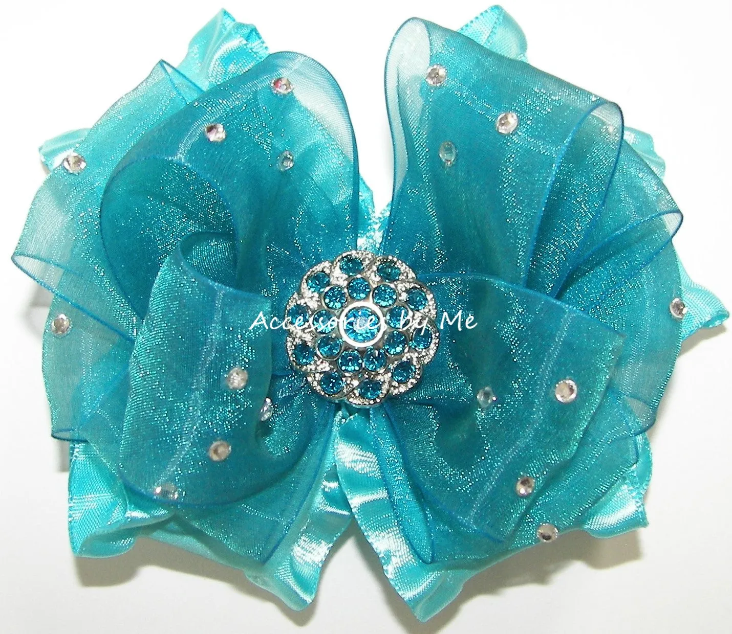 Glitzy Teal Organza Ruffle Hair Bow