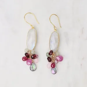 Gold Bezel Oval Moonstone & Pink Sapphire Earrings