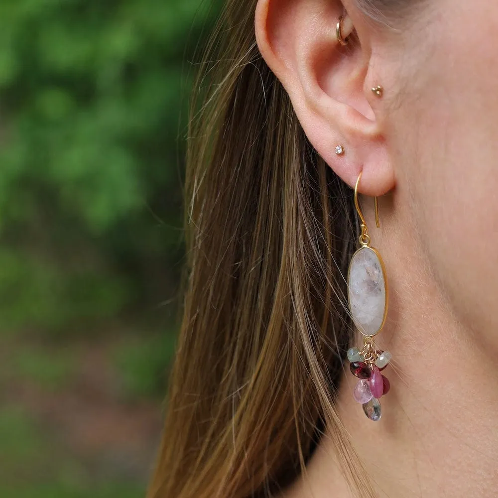 Gold Bezel Oval Moonstone & Pink Sapphire Earrings