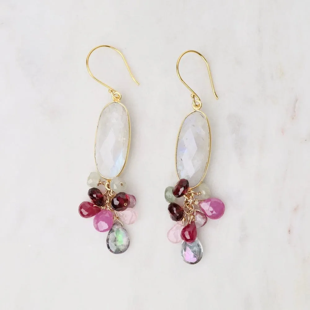 Gold Bezel Oval Moonstone & Pink Sapphire Earrings