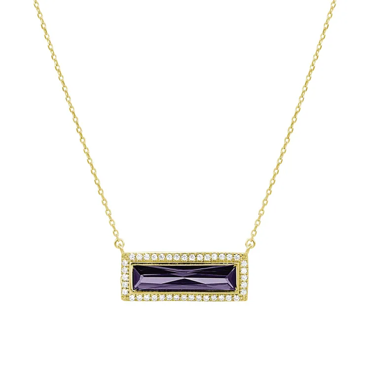 Gold Finish Sterling Silver Necklace with Rectangular Simulated Amethyst Stone and Simulated Diamonds on 16" - 18" Chain