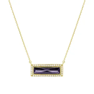 Gold Finish Sterling Silver Necklace with Rectangular Simulated Amethyst Stone and Simulated Diamonds on 16" - 18" Chain