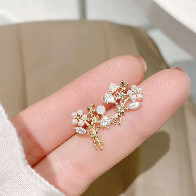 Gold Plated Leaf and Flower with Micro Inlaid Zircon Stud Earrings