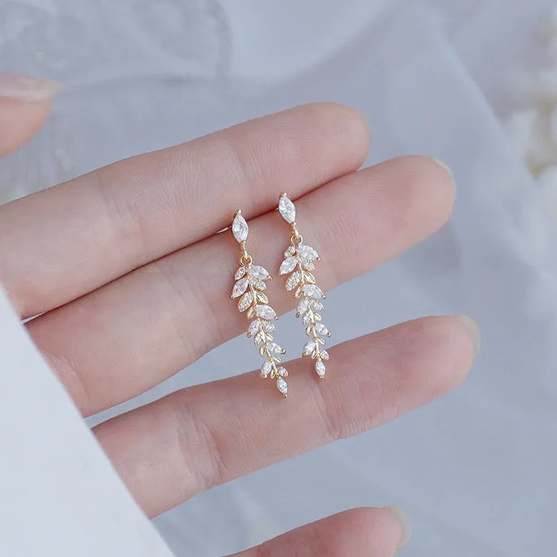 Gold Plated Leaf and Flower with Micro Inlaid Zircon Stud Earrings