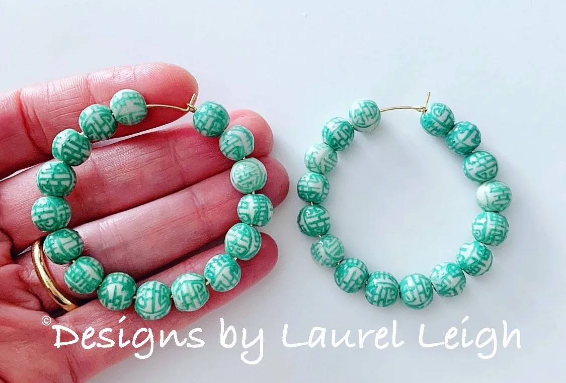 Green Chinoiserie Longevity Beaded Hoops