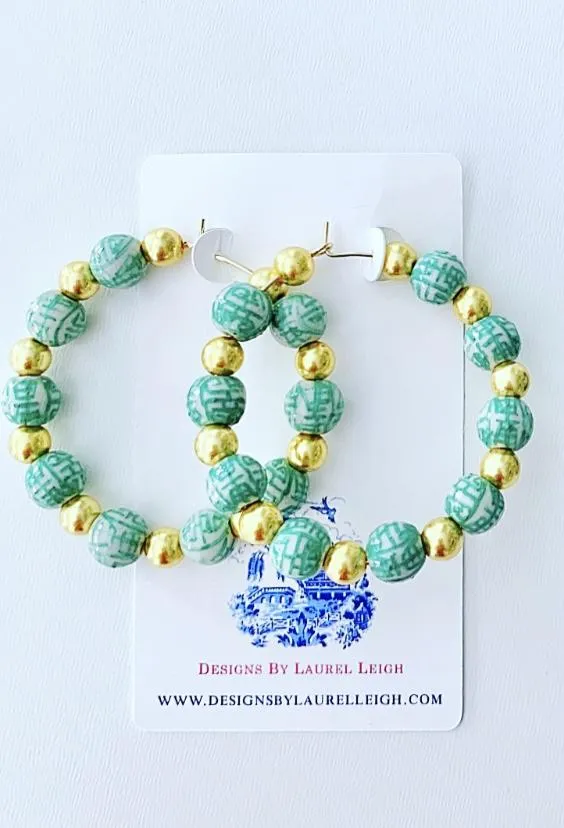 Green Chinoiserie Longevity Beaded Hoops