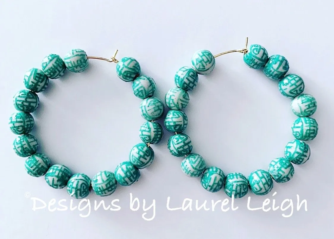 Green Chinoiserie Longevity Beaded Hoops