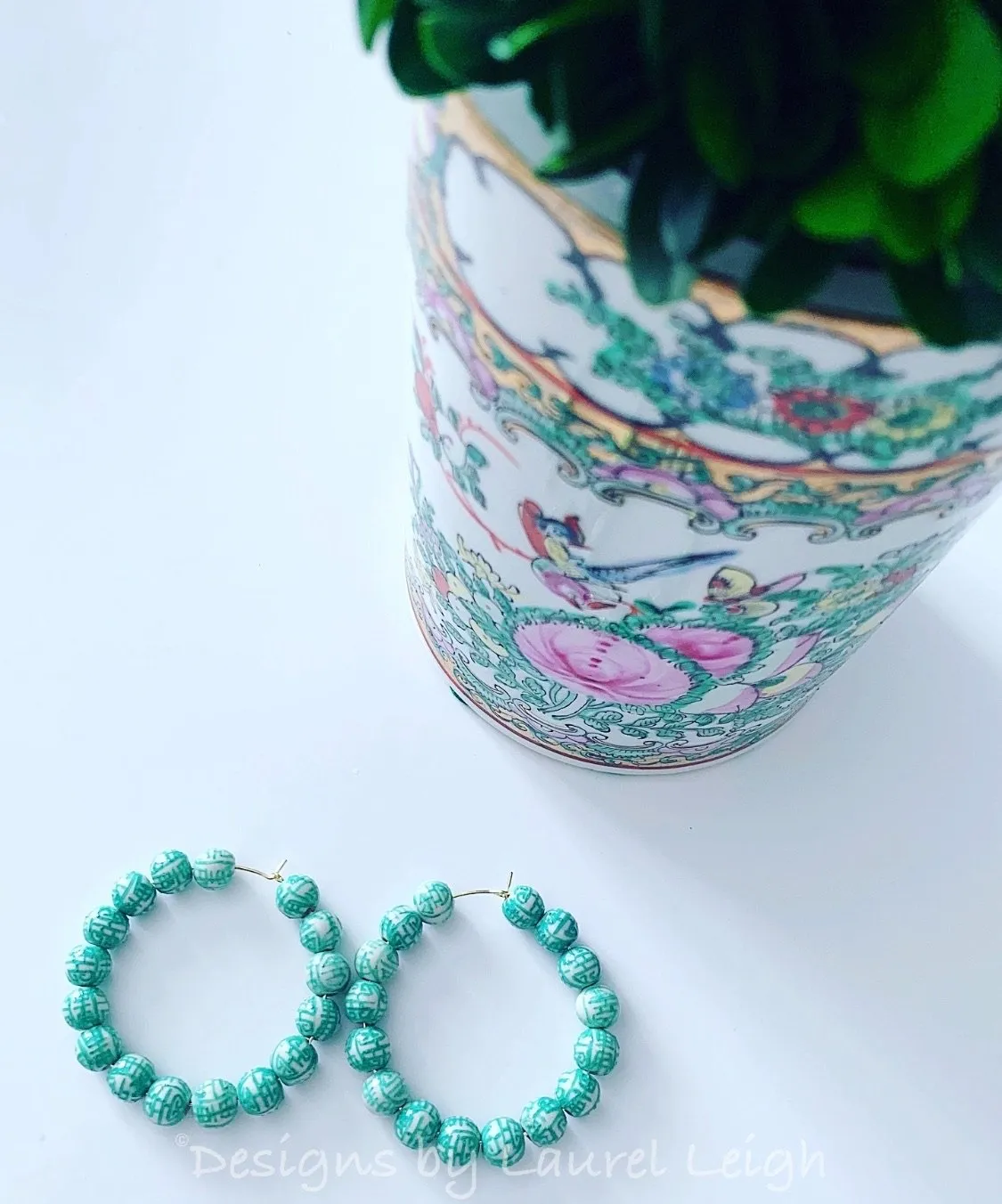 Green Chinoiserie Longevity Beaded Hoops