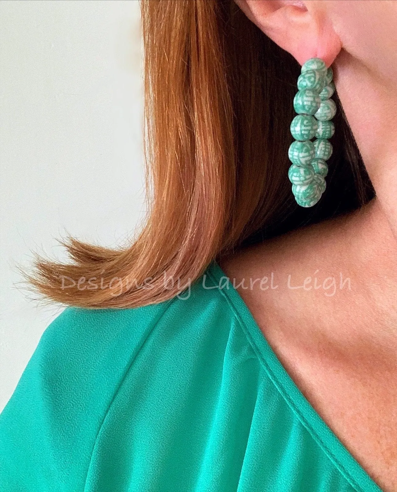 Green Chinoiserie Longevity Beaded Hoops