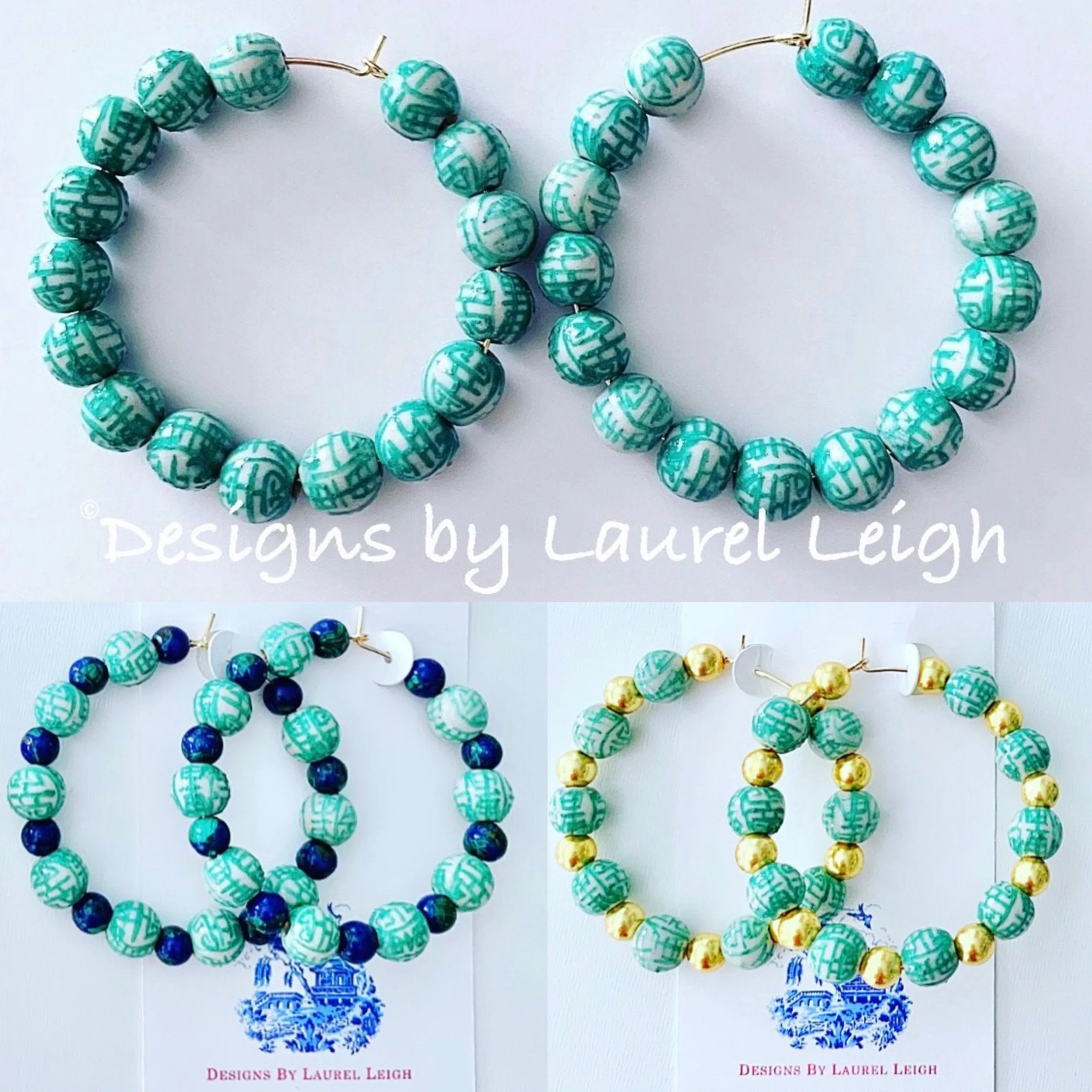 Green Chinoiserie Longevity Beaded Hoops