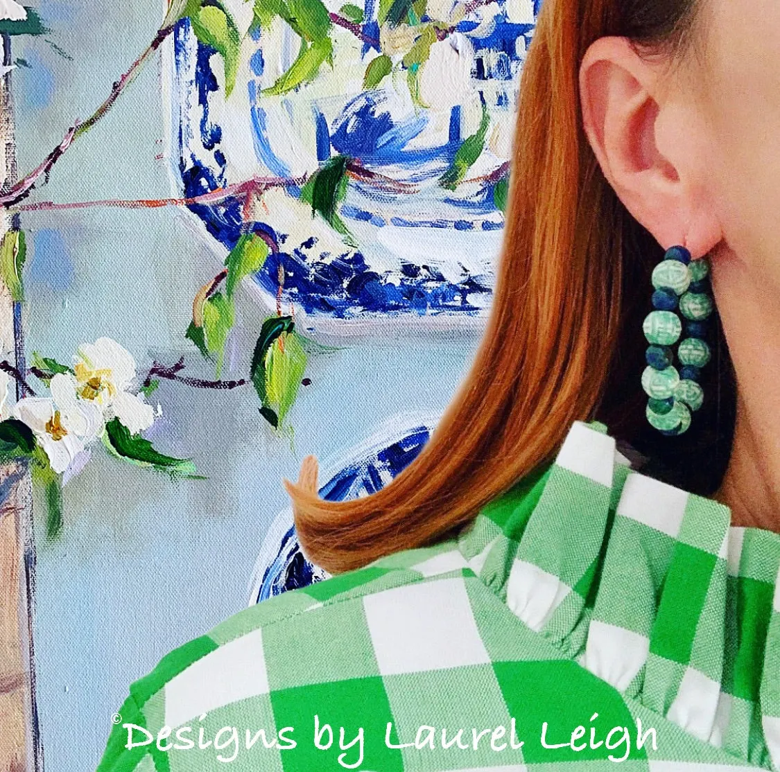 Green Chinoiserie Longevity Beaded Hoops