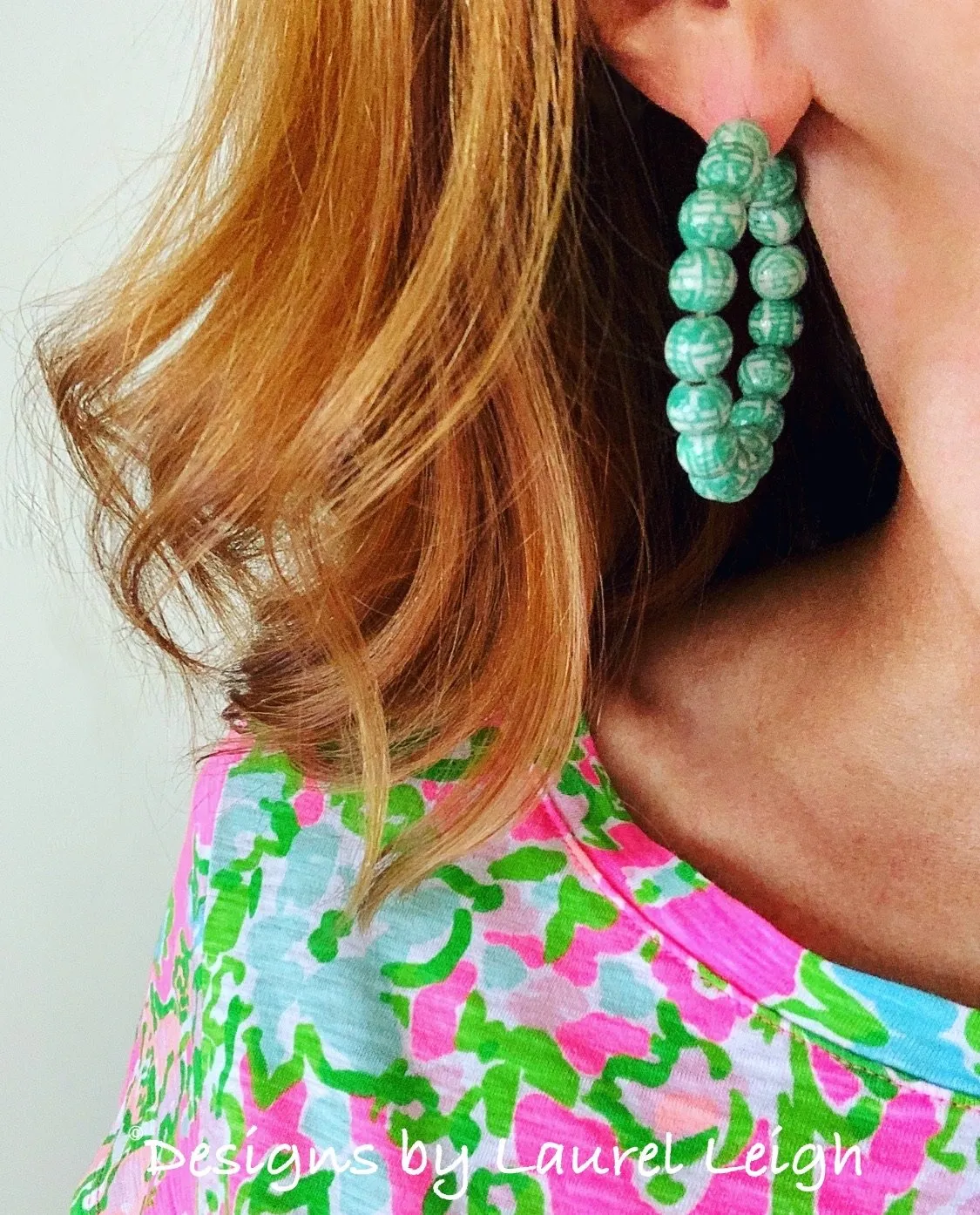 Green Chinoiserie Longevity Beaded Hoops