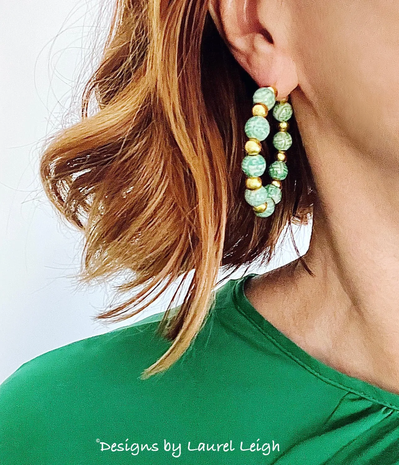 Green Chinoiserie Longevity Beaded Hoops