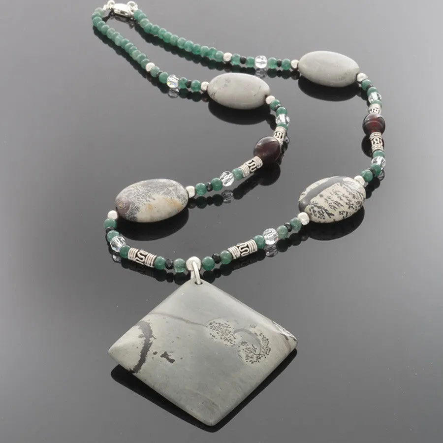 Grey Jasper, Green Jade, Black Sapphire, Amber and silver Necklace