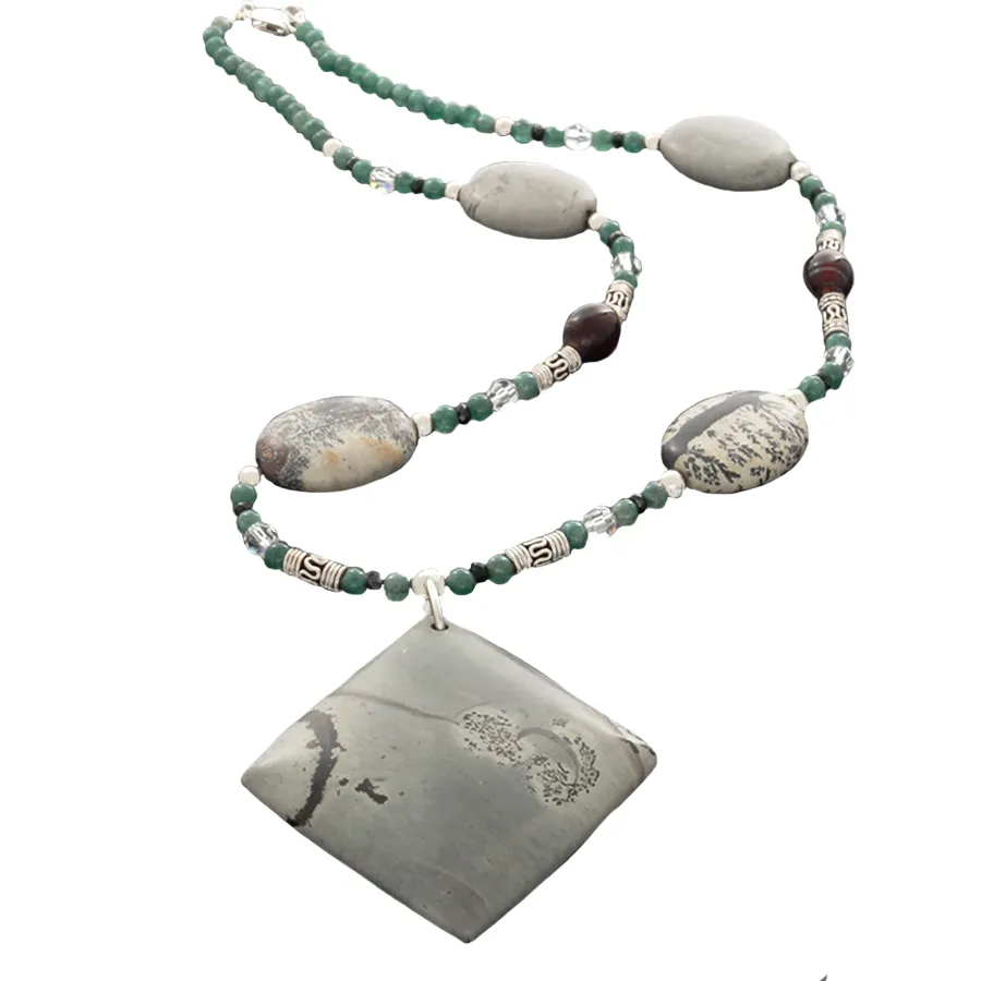 Grey Jasper, Green Jade, Black Sapphire, Amber and silver Necklace